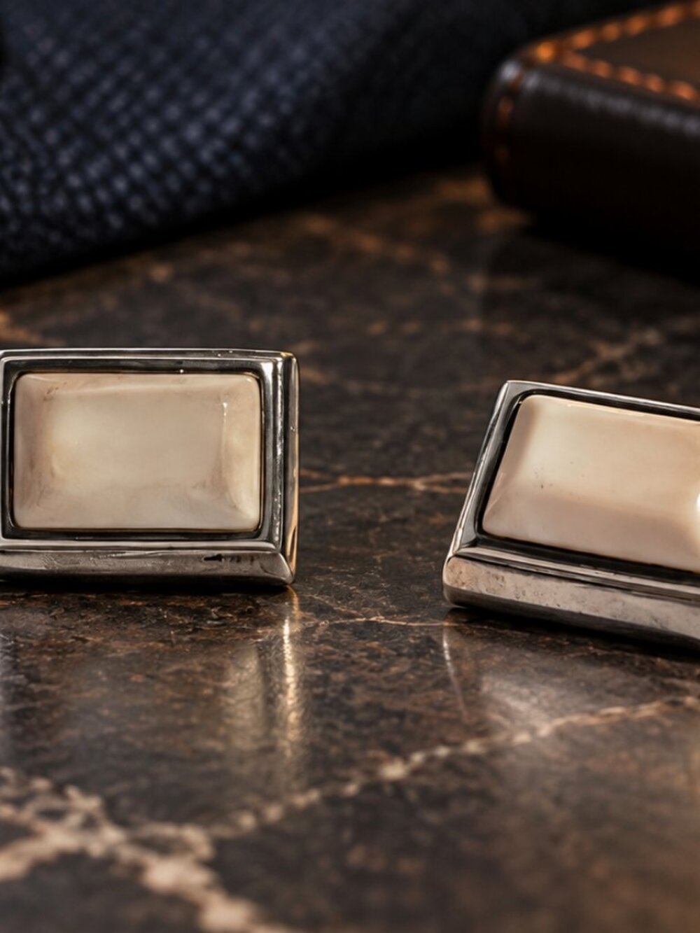 Vintage Silver Tone Rectangular Cufflinks with Cream Cabochon Inlays – Classic M